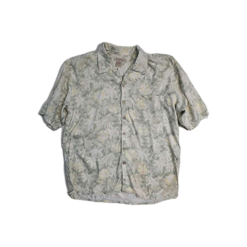 Summa Men's Green Yellow White Hawaiian‎ Button Down Shirt Size Large